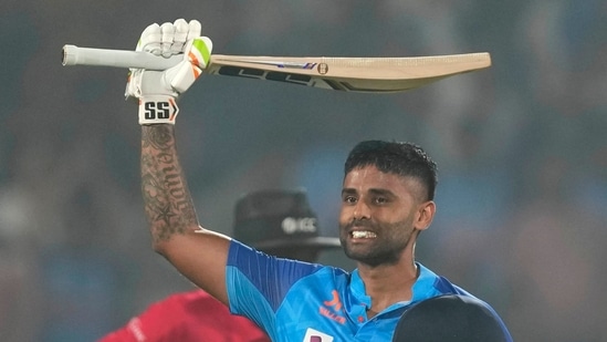 India's Suryakumar Yadav celebrates after scoring a century during the third Twenty20 cricket match between India and Sri Lanka in Rajkot, India, Saturday, Jan. 7, 2023. (AP Photo/Ajit Solanki)(AP)