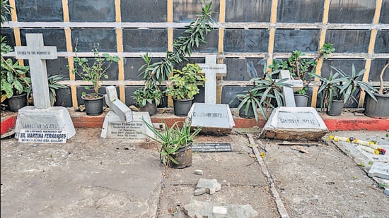 Mumbai, India - January 07, 2023: Unknown and unidentified miscreants vandalise crosses constructed above the graveyard at the cemetery attached to St. Michael's Church in the night, at Mahim (West), in Mumbai, India, on Saturday, January 07, 2023. (Photo by Satish Bate/ Hindustan Times) (Satish Bate/HT PHOTO)