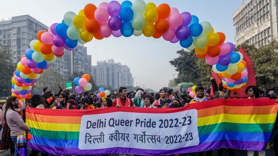 LGBTQ community members and supporters at Delhi Queer Pride parade on Sunday.(PTI)