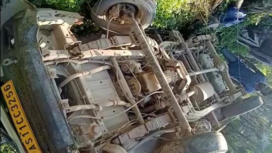 The vehicle, returning from a picnic spot carrying 11 passengers lost control and fell 100 meters down the hill (HT Photo)