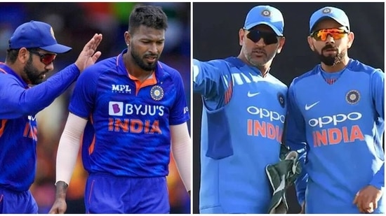 Rohit Sharma and Hardik Pandya in one frame, while MS Dhoni and Virat Kohli in the other