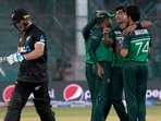 Pakistan's Naseem Shah, second right, celebrates with teammates