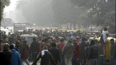Auto drivers and local residents from Kanawani in Indirapuram block the CISF Road on Monday afternoon. (Sakib Ali/HT Photo) Auto drivers and local residents from Kanawani in Indirapuram block the CISF Road on Monday afternoon. (Sakib Ali/HT Photo)