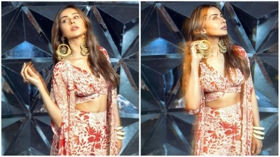 Rakul Preet is all set for her next big release Chhatriwali where she will be seen alongside Sumeet Vyas. For a recent promoting event of her upcoming film the actor ditched western fits for this gorgeous indo-western look. (Instagram/@rakulpreet) Rakul Preet is all set for her next big release Chhatriwali where she will be seen alongside Sumeet Vyas. For a recent promoting event of her upcoming film the actor ditched western fits for this gorgeous indo-western look. (Instagram/@rakulpreet)