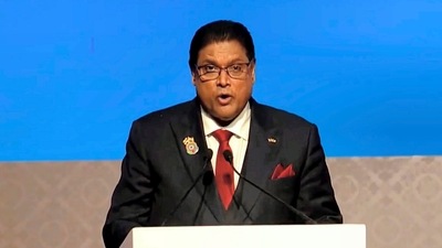 Suriname President Chandrikapersad Santokhi speaking at the 17th Pravasi Bharatiya Divas convention, in Indore on Monday. (PTI) Suriname President Chandrikapersad Santokhi speaking at the 17th Pravasi Bharatiya Divas convention, in Indore on Monday. (PTI)