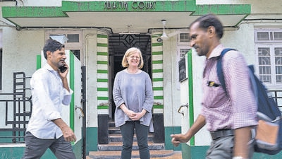 Professor Abigail McGowan is an expert on material culture, politics, and everyday life in colonial South Asia. Here, she’s at Swastik Court, an art deco building off Oval Maidan (Anshuman Poyrekar/HT PHOTO) Professor Abigail McGowan is an expert on material culture, politics, and everyday life in colonial South Asia. Here, she’s at Swastik Court, an art deco building off Oval Maidan (Anshuman Poyrekar/HT PHOTO)