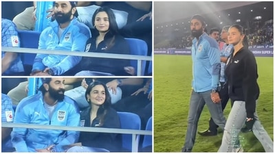 Ranbir Kapoor and Alia Bhatt at the Indian Super League match on Sunday.