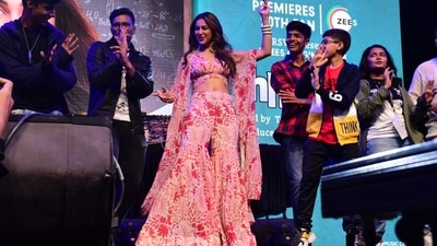 Rakul Preet Singh visited the Mithibai College in Mumbai on Sunday to promote her upcoming film Chhatriwali. She danced with students on stage during the promotions. (Varinder Chawla) 