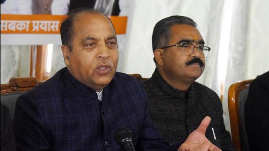 Former chief minister and leader of opposition Jai Ram Thakur addressing the media in Shimla on Monday. (Deepak Sansta/HT)