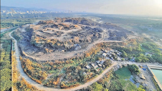 Mumbai, India - January 09, 2022: Aerial view of Mulund Dumping Ground, where the Mahalaxmi racecourse is likely to be shifted from South Mumbai after the BMC proposed the State government, at Mulund, in Mumbai, India, on Monday, January 09, 2022. (Praful Gangurde/HT Photo) (HT PHOTO) Mumbai, India - January 09, 2022: Aerial view of Mulund Dumping Ground, where the Mahalaxmi racecourse is likely to be shifted from South Mumbai after the BMC proposed the State government, at Mulund, in Mumbai, India, on Monday, January 09, 2022. (Praful Gangurde/HT Photo) (HT PHOTO)
