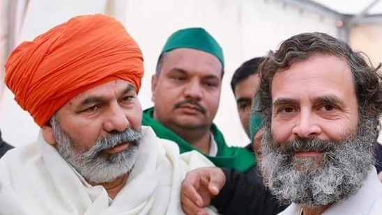 Rahul Gandhi and Rakesh Tikait seen together following a meeting in Haryana. (Twitter)