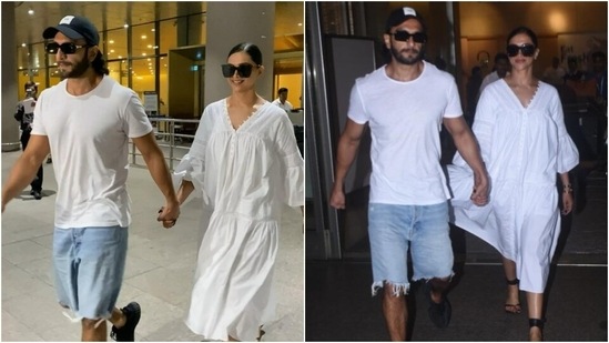 Deepika Padukone wears a simple white midi dress for airport look with hubby Ranveer Singh. (HT Photo/Varinder Chawla)