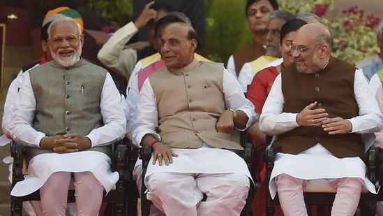 PM Narendra Modi with Defence Minister Rajnath Singh and Home Minister Amit Shah