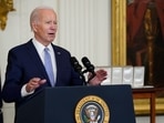 Joe Biden: US President Joe Biden speaks in the East Room of the White House in Washington. Joe Biden: US President Joe Biden speaks in the East Room of the White House in Washington.