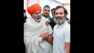 Congress leader Rahul Gandhi meets Bharatiya Kisan Union (BKU) National Spokesperson Rakesh Tikait during an interaction with the food providers following the Congress' Bharat Jodo Yatra, on Monday. (ANI) Congress leader Rahul Gandhi meets Bharatiya Kisan Union (BKU) National Spokesperson Rakesh Tikait during an interaction with the food providers following the Congress' Bharat Jodo Yatra, on Monday. (ANI)