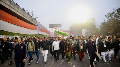 Congress leader Rahul Gandhi with party leaders and supporters during the 'Bharat Jodo Yatra', in Ambala on Tuesday. (PTI)