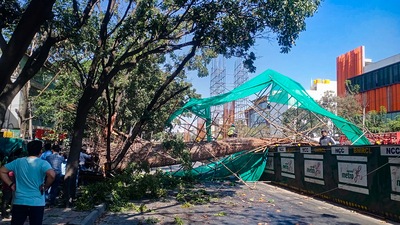 The reinforcement cage of an under construction metro pillar collapses in Bengaluru, (PTI) The reinforcement cage of an under construction metro pillar collapses in Bengaluru, (PTI)