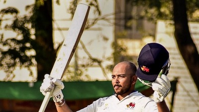 Mumbai's batter Prithvi Shaw celebrates after scoring a double-century (PTI) Mumbai's batter Prithvi Shaw celebrates after scoring a double-century (PTI)