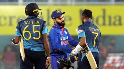 Sri Lankan batsman Dasun Shanaka with Indian cricketer Virat Kohli at the end of the match (PTI) Sri Lankan batsman Dasun Shanaka with Indian cricketer Virat Kohli at the end of the match (PTI)