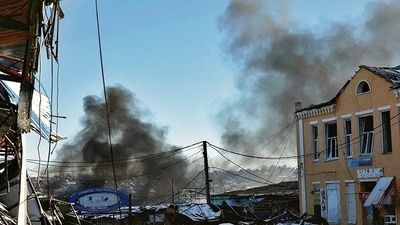 Russia-Ukraine War: Plumes of smoke rise from a Russian strike during a 36-hour ceasefire over Orthodox Christmas declared by Russian President Vladimir Putin, as Russia's attack on Ukraine continues, from the frontline Donbas city of Bakhmut, Ukraine. Russia-Ukraine War: Plumes of smoke rise from a Russian strike during a 36-hour ceasefire over Orthodox Christmas declared by Russian President Vladimir Putin, as Russia's attack on Ukraine continues, from the frontline Donbas city of Bakhmut, Ukraine.