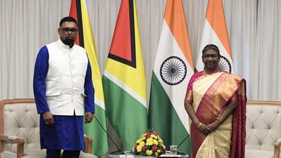 President Droupadi Murmu met the President of Guyana Dr Mohamed Irfaan Ali, at the 17th PBD Convention, in Indore. (ANI image) President Droupadi Murmu met the President of Guyana Dr Mohamed Irfaan Ali, at the 17th PBD Convention, in Indore. (ANI image)