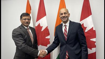 Ranj Pillai, premier-designate of the Yukon, (right) with India’s High Commissioner to Ottawa Sanjay Kumar Verma in December. (Twitter) Ranj Pillai, premier-designate of the Yukon, (right) with India’s High Commissioner to Ottawa Sanjay Kumar Verma in December. (Twitter)