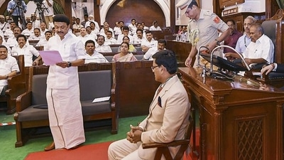 Tamil Nadu chief minister MK Stalin speaks during the first session of the year of assembly. (PTI) Tamil Nadu chief minister MK Stalin speaks during the first session of the year of assembly. (PTI)