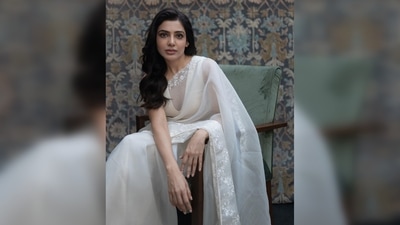 Samantha Prabhu is elegance personified in an ivory organza embroidered saree from the collection of Devnaagri.&nbsp; (Instagram/@samanthaprabhuofficial)