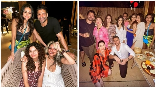 Farhan Akhtar with wife and daughters; and with others at party. Farhan Akhtar with wife and daughters; and with others at party.