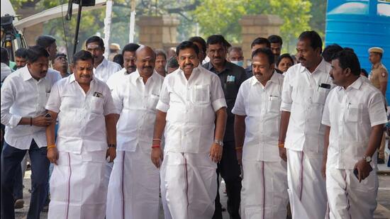 All India Anna Dravida Munnetra Kazhagam interim general secretary Edappadi K Palaniswami along with other party MLAs. (PTI)