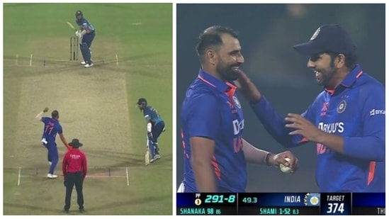 Mohammed Shami tried to outsmart the Sri Lankan skipper Dasun Shanaka at the non-striker’s end with a clever run-out(BCCI-Twitter/Screengrab )