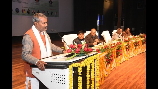 Former U.P. minister Ramapati Shastri speaking at an event in Lucknow on Tuesday. (Sourced)