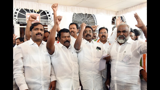 Ruling alliance lawmakers protest against Tamil Nadu governor RN Ravi's remarks. (ANI)