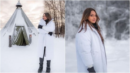 In her earlier set of photos, Sonakshi Sinha was seen donning a white puffer jacket teamed with leggings and boots.(Instagram/@aslisona)
