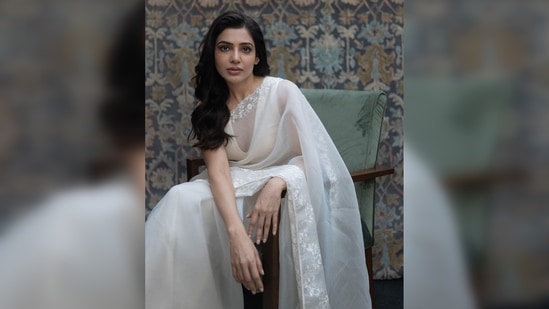 Samantha Prabhu is elegance personified in an ivory organza embroidered saree from the collection of Devnaagri. (Instagram/@samanthaprabhuofficial)