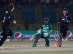Pakistan's Mohammad Nawaz, center, reacts as he is bowled out by New Zealand's Michael Bracewell(AP) Pakistan's Mohammad Nawaz, center, reacts as he is bowled out by New Zealand's Michael Bracewell(AP)
