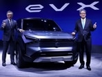 Representative Director and President of Suzuki Motor Corporation Toshihiro Suzuki and Managing Director and CEO of Maruti Suzuki India Limited Hisashi Takeuchi pose with the Maruti Suzuki electric concept SUV as it is unveiled at the Auto Expo 2023 in Greater Noida on Wednesday.