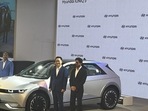 Shah Rukh Khan next to the Ioniq 5 EV at the Hyundai pavilion at the Auto Expo 2023. Shah Rukh Khan next to the Ioniq 5 EV at the Hyundai pavilion at the Auto Expo 2023.