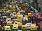 A pool of auto rickshaws seen outside Anand Vihar Bus Terminal in New Delhi on August 18, 2022. (Amal KS / HT Photo) A pool of auto rickshaws seen outside Anand Vihar Bus Terminal in New Delhi on August 18, 2022. (Amal KS / HT Photo)