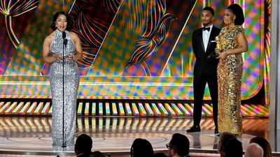 Angela Bassett, a winner for best supporting actress in a film for playing Queen Ramonda in Black Panther: Wakanda Forever slayed in a silver halter gown from Pamella Roland.&nbsp; (REUTERS)