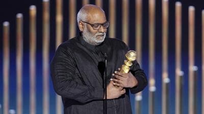 M M Keeravani accepting the Best Original Song award for "Naatu Naatu" from "RRR" during the 80th Annual Golden Globe Awards at the Beverly Hilton Hotel on January 10, 2023. (AP) M M Keeravani accepting the Best Original Song award for "Naatu Naatu" from "RRR" during the 80th Annual Golden Globe Awards at the Beverly Hilton Hotel on January 10, 2023. (AP)