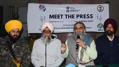 Officials addressing the media persons regarding “Millets Lunch”. “We have been invited by Akal Takht officiating Jathedar Giani Harpreet Singh to give representation on the food items which could be served to the devotees at Golden Temple partaking the langar,” said Umendra Dutt, executive director, Kheti Virasat Mission. (HT PHOTO) Officials addressing the media persons regarding “Millets Lunch”. “We have been invited by Akal Takht officiating Jathedar Giani Harpreet Singh to give representation on the food items which could be served to the devotees at Golden Temple partaking the langar,” said Umendra Dutt, executive director, Kheti Virasat Mission. (HT PHOTO)