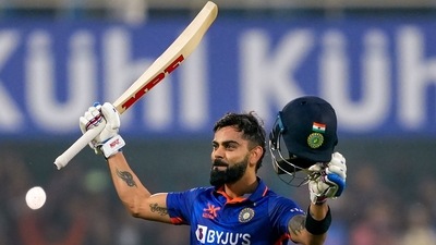 Virat Kohli celebrates his century during the 1st ODI cricket match between India and Sri Lanka, at Barsapara stadium in Guwahati, Tuesday, Jan. 10, 2023. (PTI) Virat Kohli celebrates his century during the 1st ODI cricket match between India and Sri Lanka, at Barsapara stadium in Guwahati, Tuesday, Jan. 10, 2023. (PTI)