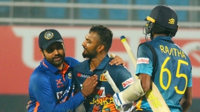 Sri Lanka batsman Dasun Shanaka with Indian captain Rohit Sharma during the 1st ODI match (PTI)