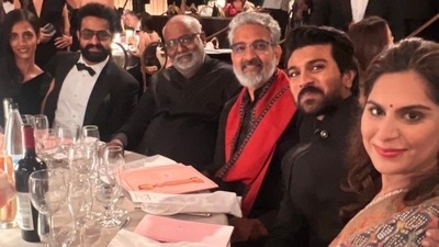 SS Rajamouli, Jr NTR and Ram Charan were accompanied by their wives Lakshmi Pranathi (Jr NTR wife), Upasana Kamineni (Ram's wife) and Rama Rajamouli (SS Rajamouli's wife). 