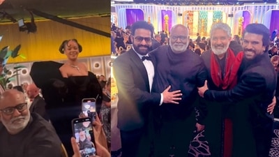 Singer Rihanna personally congratulated the RRR team as she passed by their table at the Golden Globes on Wednesday. Singer Rihanna personally congratulated the RRR team as she passed by their table at the Golden Globes on Wednesday.