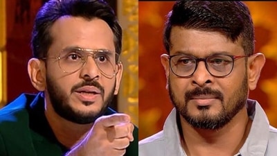 Shark Tank India judge Aman Gupta with contestant Ganesh Balakrishnan. Shark Tank India judge Aman Gupta with contestant Ganesh Balakrishnan.