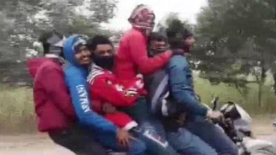 Six people were on one bike and four people on each of the other two. (ANI)