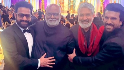 Jr NTR, MM Keeravani, SS Rajamouli, and Ram Charan celebrate their win at the awards ceremony. Jr NTR, MM Keeravani, SS Rajamouli, and Ram Charan celebrate their win at the awards ceremony.