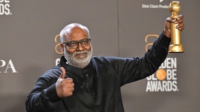 MM Keeravani is posing with the trophy that RRR's song Naatu Naatu bagged at the Golden Globes 2023 in the Best Original Song category. (Twitter/@RRRMovie) MM Keeravani is posing with the trophy that RRR's song Naatu Naatu bagged at the Golden Globes 2023 in the Best Original Song category. (Twitter/@RRRMovie)